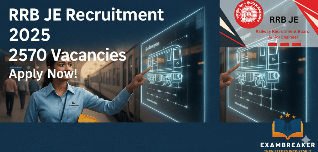 RRB JE Recruitment 2025 notification for Junior Engineer positions with 2570 vacancies. Call to action 'Apply Now!' with imagery of a professional in a railway setting. Ideal for job seekers.