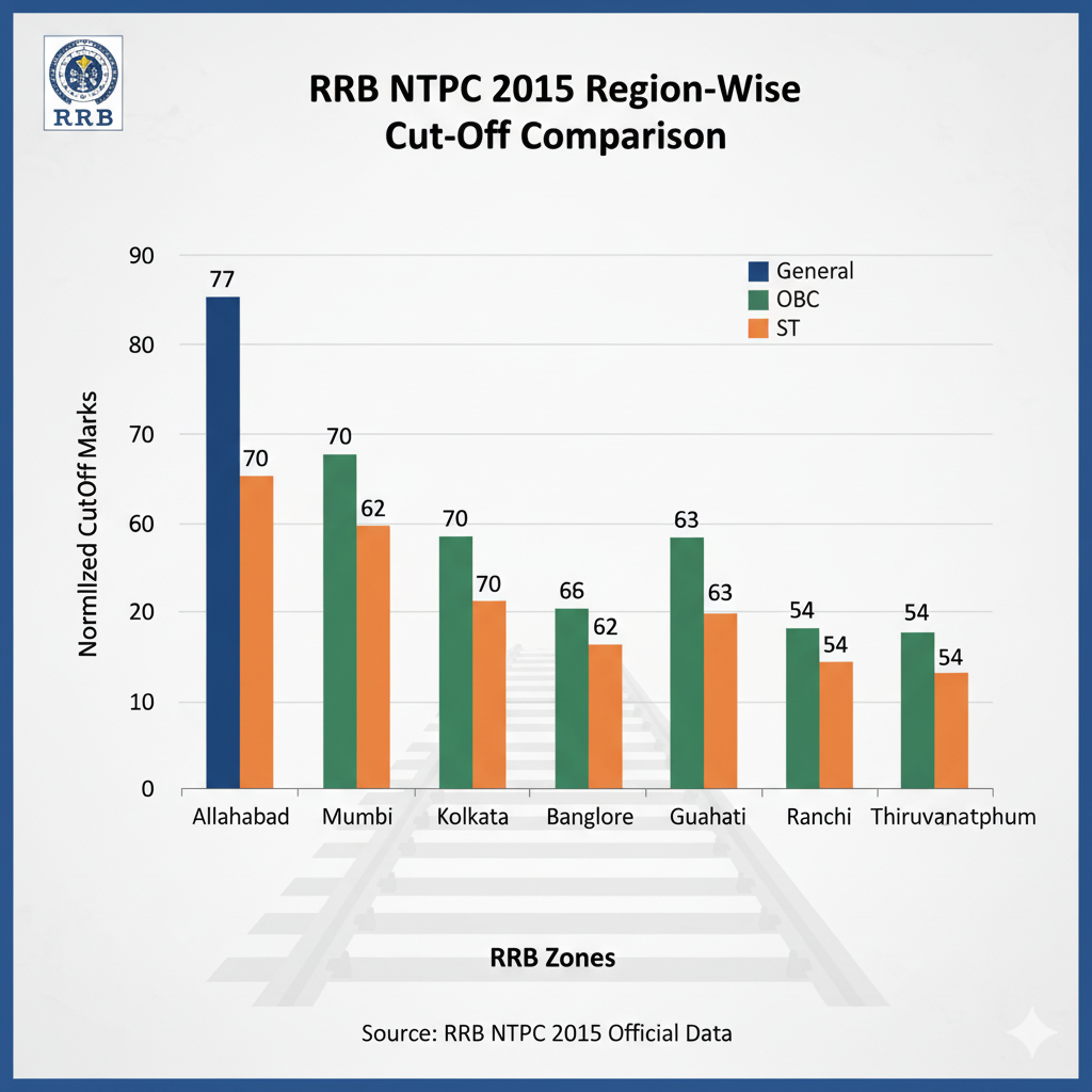 Bar chart comparing RRB NTPC 2015 Region-Wise Cut-Off Marks for General, OBC, and ST categories across various RRB Zones. Allahabad, Mumbai, Kolkata, Bangalore, Guwahati, Ranchi, and Thiruvananthapuram zones are displayed, showing the normalized cut-off scores for the Railway Recruitment Board NTPC exam, aiding candidates in understanding past RRB NTPC Exam Pattern and competition.