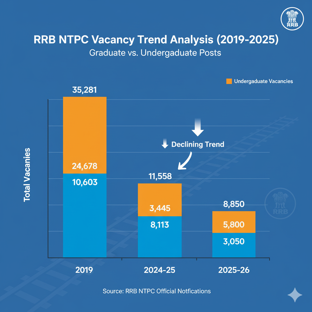 Stacked bar chart illustrating the RRB NTPC Vacancy Trend Analysis from 2019 to 2025. It shows total vacancies broken down into Undergraduate and Graduate Level posts for each year (2019: 35281 total, 2024-25: 11558 total, 2025-26: 8850 total), clearly indicating a declining trend in NTPC Vacancy 2025 compared to previous years for Indian Railways Recruitment.
