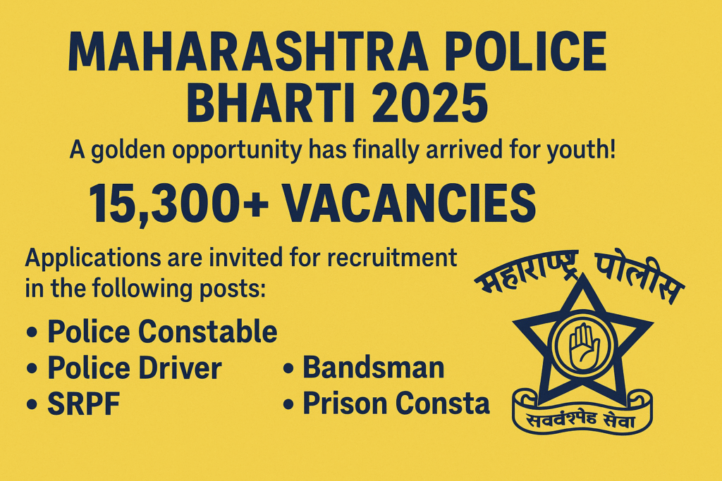 Recruitment banner for Maharashtra Police Bharti 2025 displaying announcement of 15,300+ vacancies for posts like Police Constable, Police Driver, SRPF, Bandsman and Prison Constable