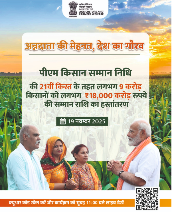 PM Kisan 21st Installment Yojana banner with Indian farmer holding crops in the field and highlighting ₹2,000 payment releasing on 19 November.