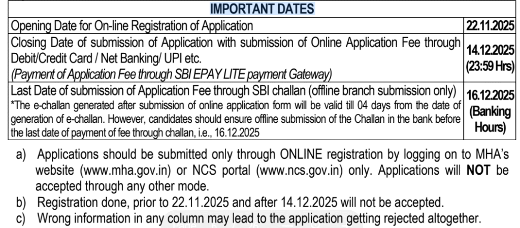 Important dates of IB MTS Bharti 2025