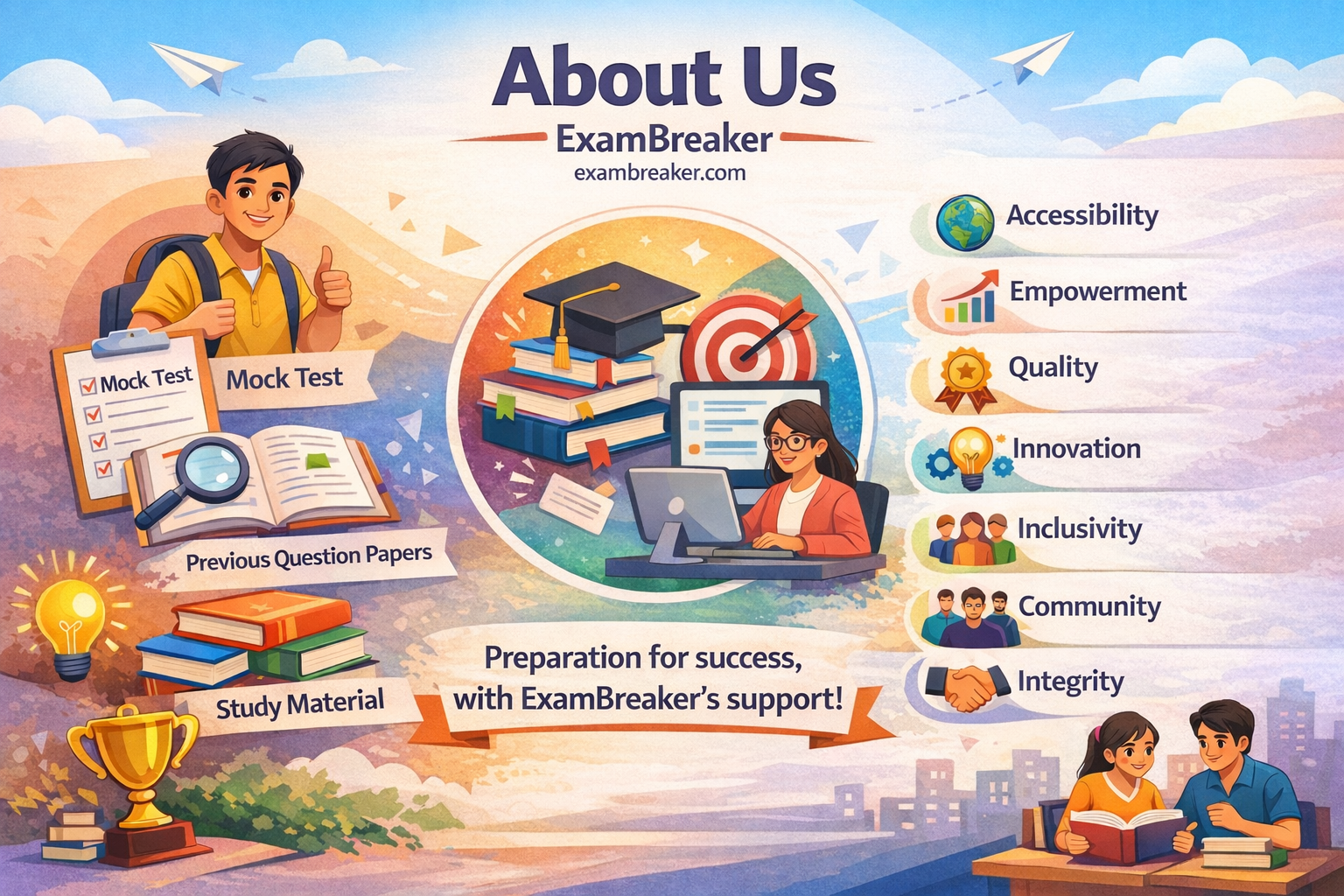 ExamBreaker educational platform showing mock tests, study materials, and students preparing for exams