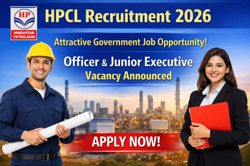 HPCL Recruitment 2026 job post image showing Officer and Junior Executive vacancy announcement with refinery background and Apply Now call to action.